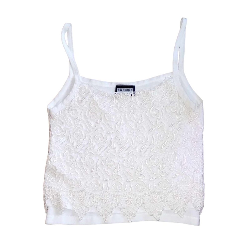 Vtg "Awesome Wear" 90s White Embroidered Lace Crop Tank Top Med